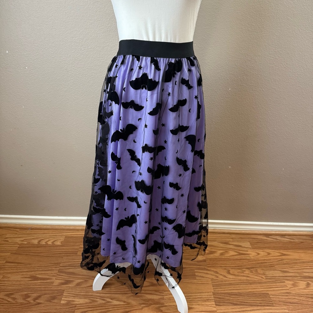 Purple and Black Halloween Velvet Bat Midi Skirt